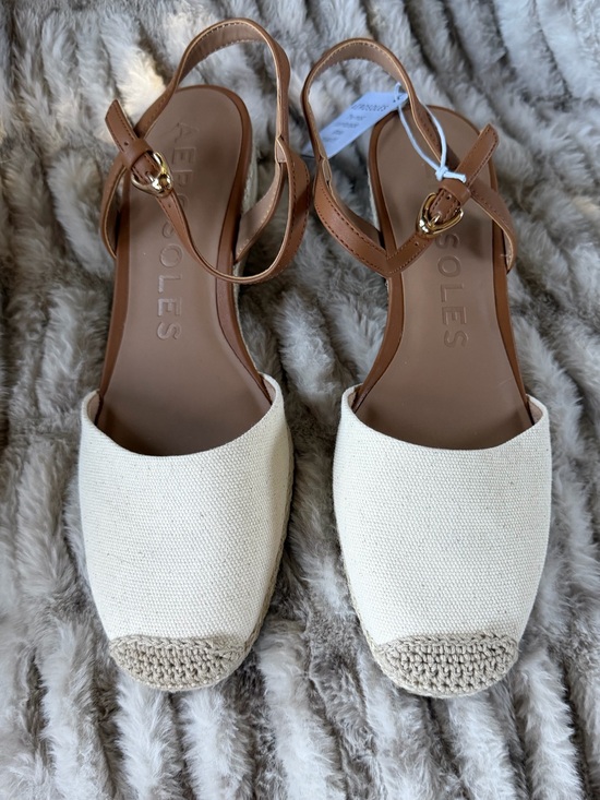 AEROSOLES Shoes - AEROSOLES Cream Canvas & Tan Leather Espadrille Slingbacks with Gold Buckles